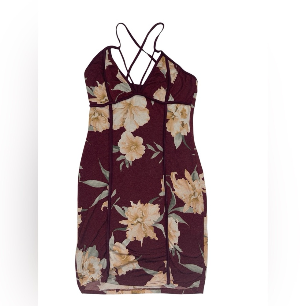 A+ Ellen Burgundy Strapless Dress with Floral Design